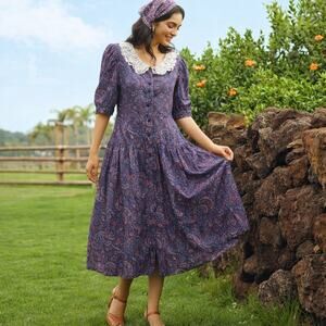 Vintage Gunne Sax Purple Paisley Puff Sleeve Crochet Cottage Maxi Dress Size 13